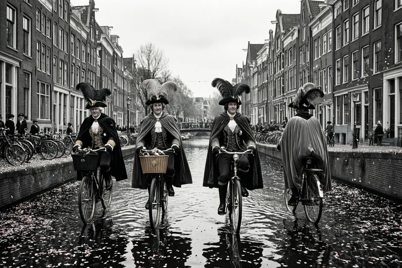Vier mensen in historische kostuums met gevederde hoeden en capes fietsen langs een kanaal met drijvende confetti, tussen traditionele gebouwen onder een bewolkte hemel.