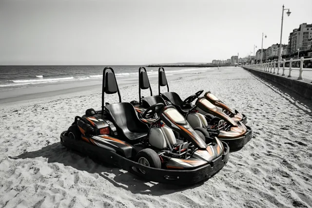 Vier gocarts staan op een rij op een breed zandstrand naast een zeepromenade, in zwart-wit met oranje accenten op de gocarts.