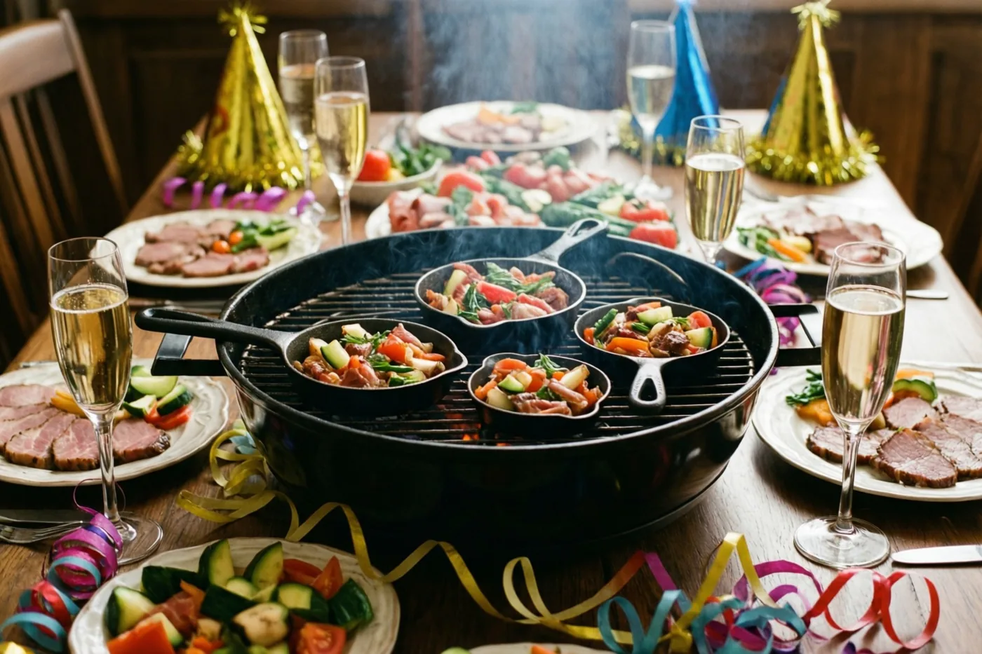 Op een tafelgrill staan vier pannetjes met sissend vlees en groenten, omringd door borden met gesneden vlees, champagneglazen en feestversiering.