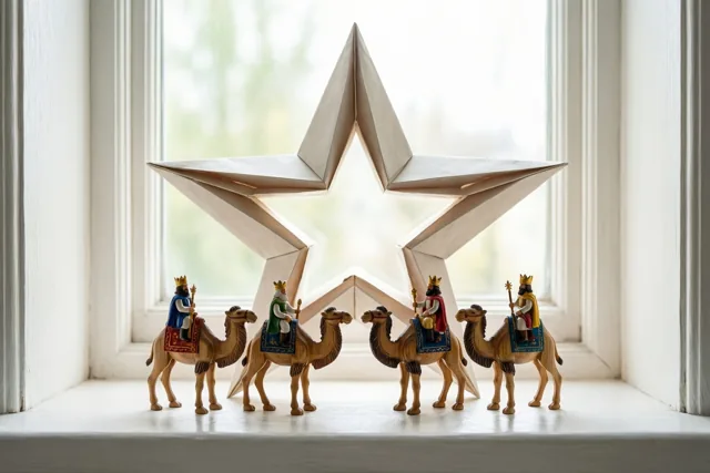 Vier houten miniatuurfiguurtjes van koningen op kamelen staan op een witte vensterbank met een grote lichtgekleurde papieren ster erachter in daglicht.