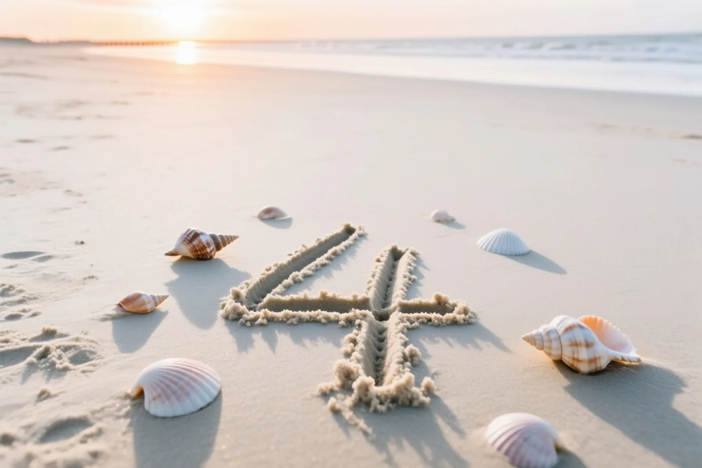 Het cijfer 4 is in het strandzand getekend, omringd door verspreide schelpen in het warme gouden licht van de ondergaande zon.