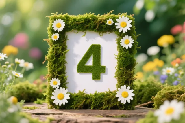 Een vierkante lijst van groen mos met witte madeliefjes omlijst het cijfer 4 op een witte achtergrond in een landelijke tuin.