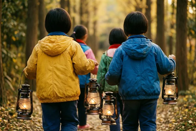 Vier kinderen lopen met hun rug naar de kijker en met brandende lantaarns over een pad door een herfstbos waar goudkleurig licht tussen de bomen valt.
