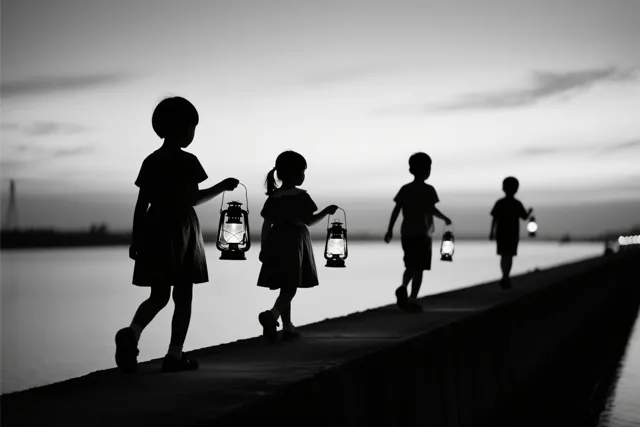 Een zwart-witbeeld toont de silhouetten van vier kinderen die met lantaarns over een lange dijk lopen bij schemering.