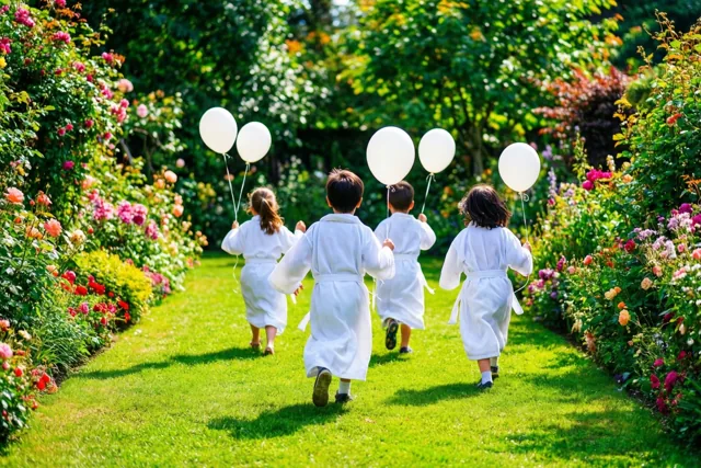 Kleine feestvierders met witte ballonnen
