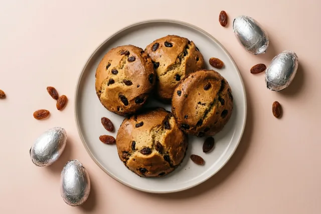 Vier goudbruine koffiekoeken met rozijnen liggen op een lichtgrijs bord, met chocolade-eitjes in folie en losse rozijnen eromheen tegen een zachtroze achtergrond.