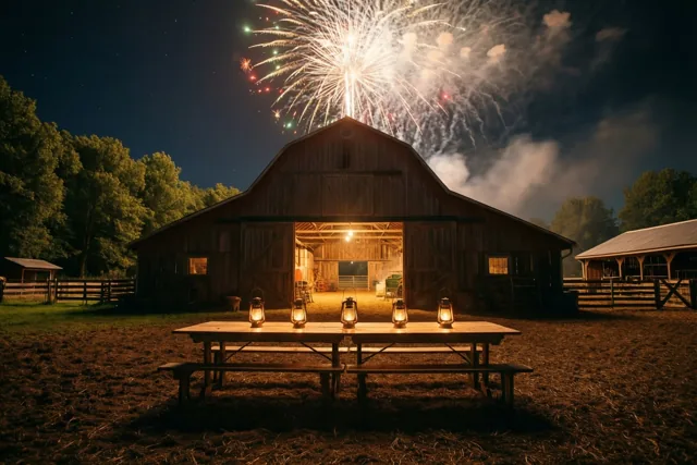 Een houten picknicktafel met vier brandende lantaarns staat op een nachtelijk boerenerf voor een open schuur, met vuurwerk boven het dak.