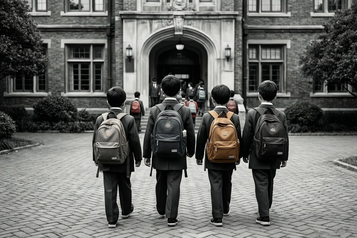 Vier leerlingen in schooluniform met rugzakken lopen, van achteren gezien, naar de ingang van een groot bakstenen schoolgebouw in een grotendeels monochroom beeld met gekleurde rugzakken.