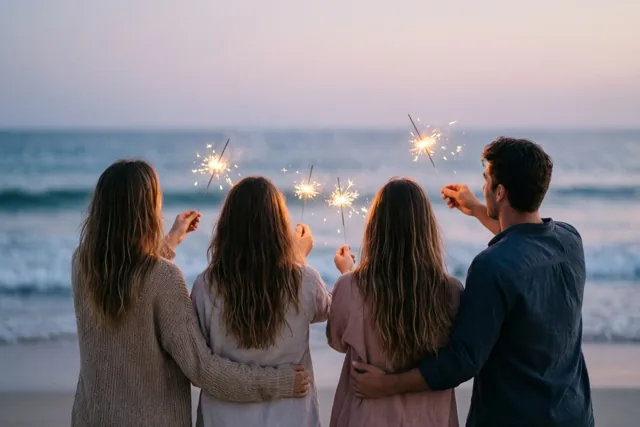 Vier mensen staan met hun rug naar de kijker op een strand en kijken met brandende sterretjes naar zee, in roze en blauwe schemertinten.