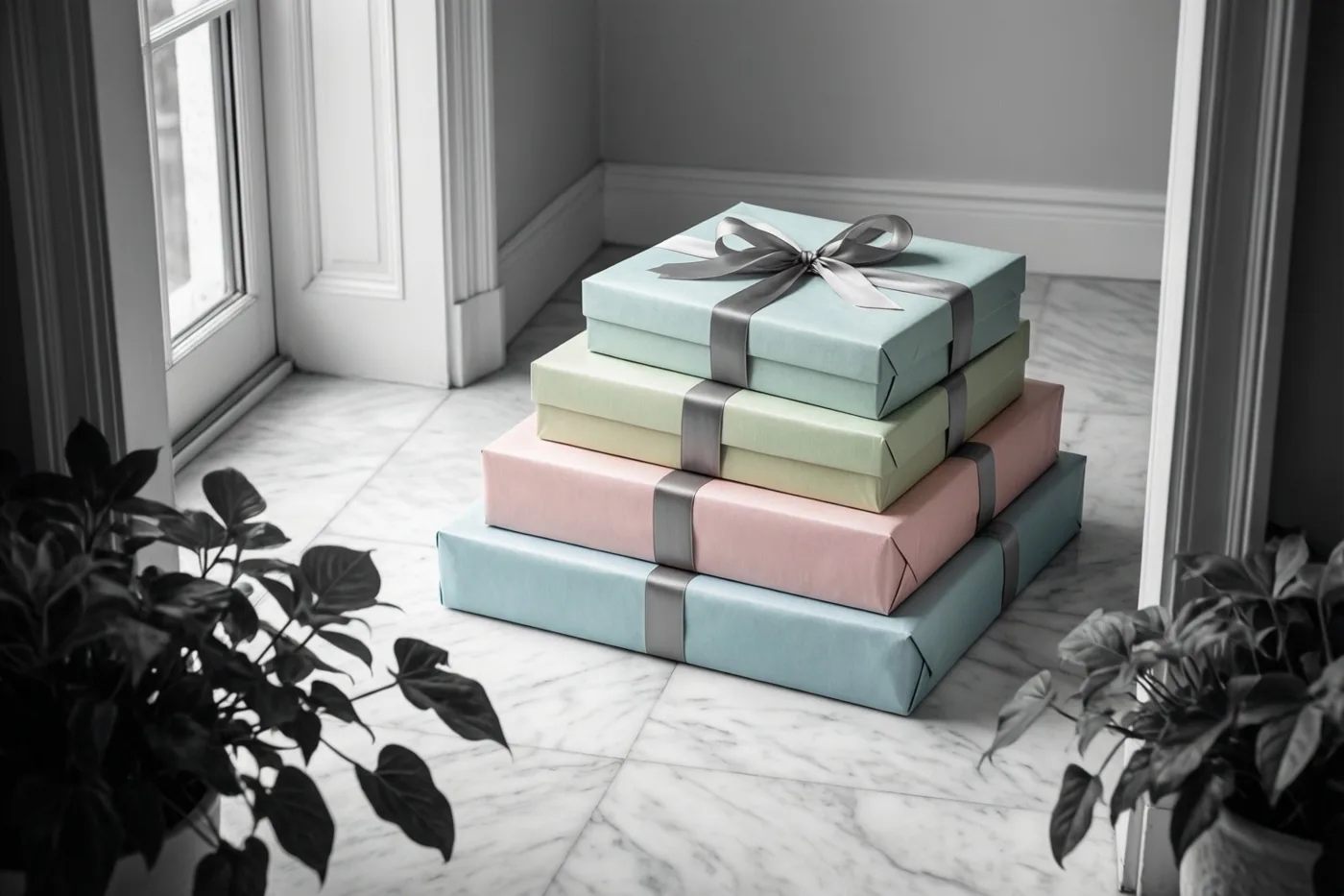 Vier cadeaus in pastelpapier met satijnen linten staan opgestapeld op een witte marmeren vloer in een kamer met een raam en potplanten.