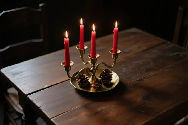Een messing kandelaar met vier brandende rode kaarsen staat op een donkere houten tafel, met drie dennenappels erbij.