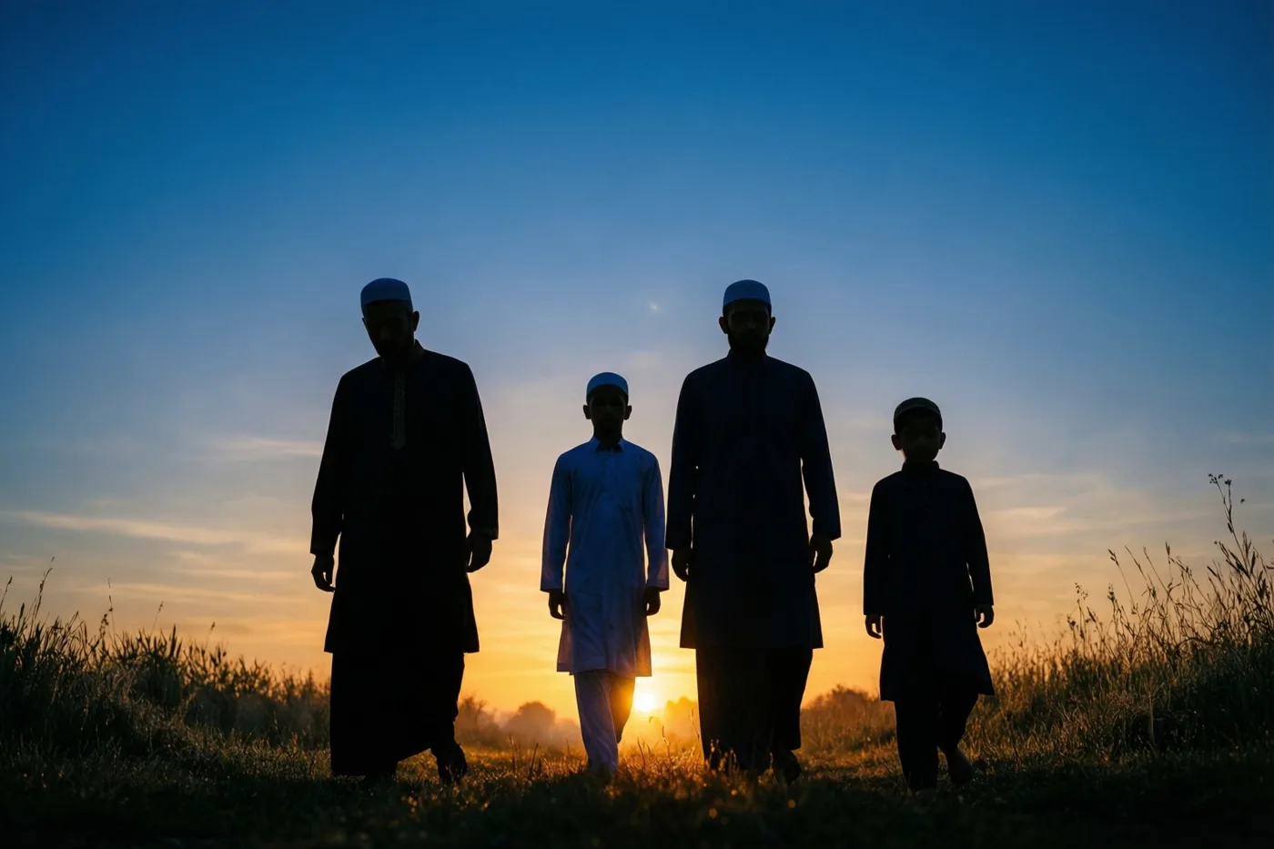 De silhouetten van twee volwassenen en twee kinderen lopen door een grasveld naar de zonsopgang onder een lucht die van diepblauw naar oranje verloopt.