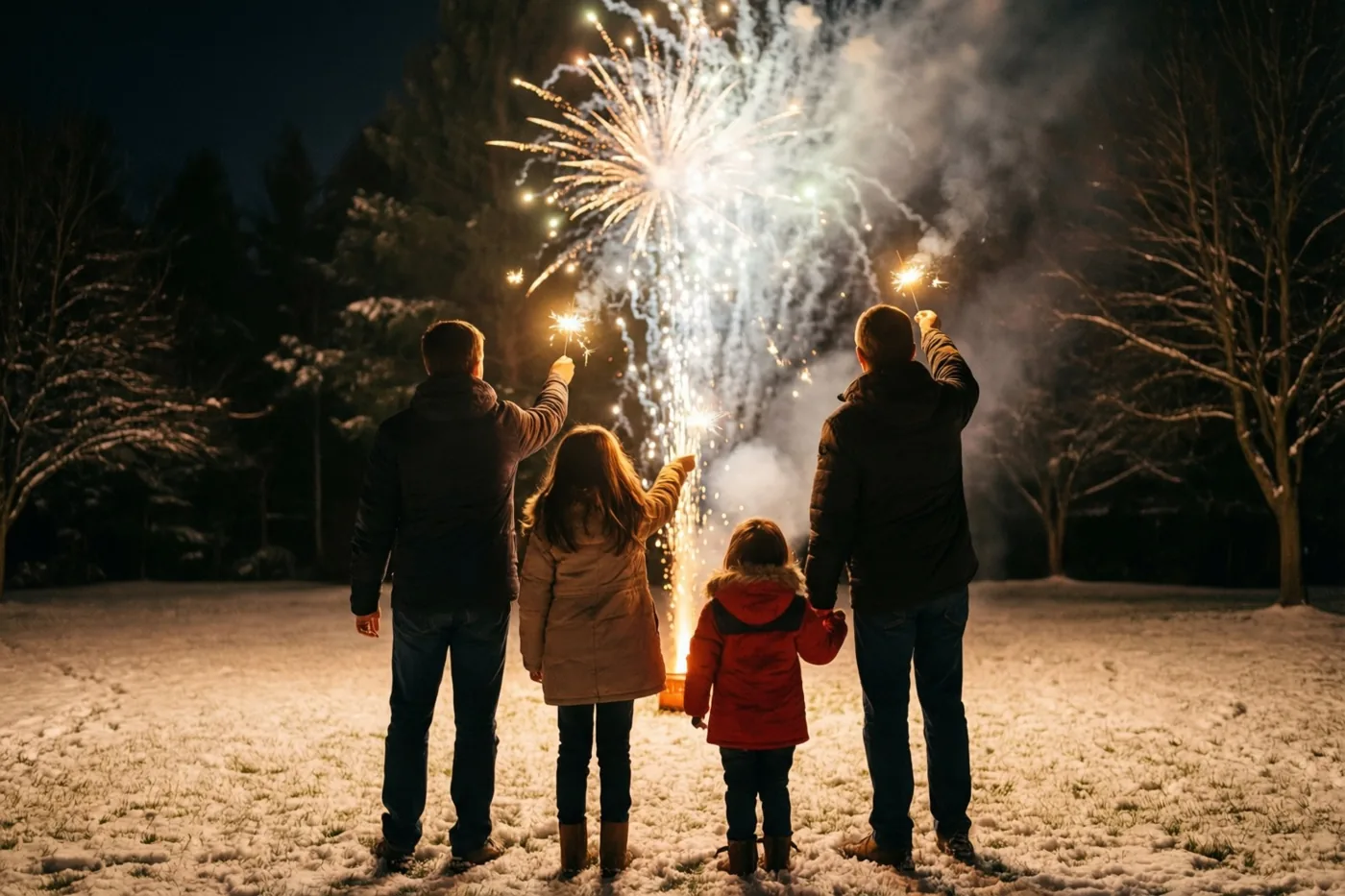 Een gezin van vier staat van achteren gezien op een besneeuwd grasveld bij besneeuwde bomen, elk met een brandend sterretje omhoog naar een groot vuurwerk in de nacht.