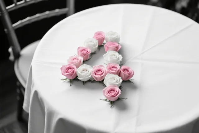 Roze en witte rozen vormen van bovenaf gezien het cijfer 4 op een wit tafelkleed, met een stoel op de achtergrond.