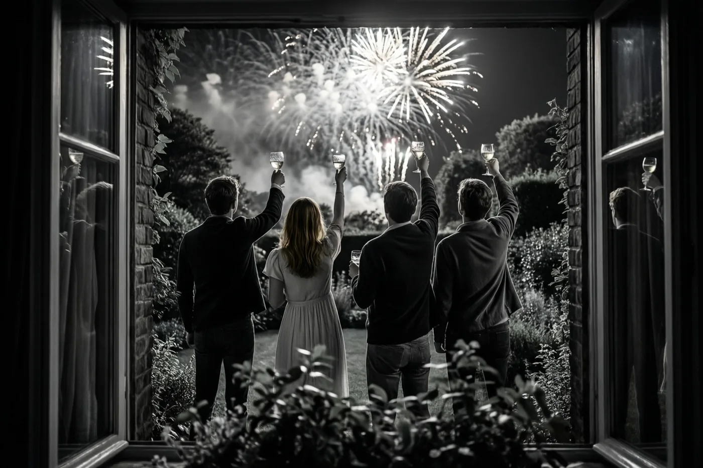 Vier vrienden staan van achteren gezien in een tuin en heffen wijnglazen onder het vuurwerk op een zwart-witfoto.