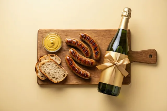 Vier gegrilde worsten, sneetjes brood met een krokante korst en een kommetje gele mosterd liggen op een houten snijplank naast een groene fles met gouden lint tegen een beige achtergrond.