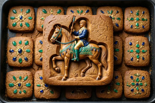 Op een schaal liggen vierkante speculaaskoeken, waarvan één met een driedimensionaal paard en ruiter en de andere met glazuur dat op juwelen lijkt, in bruine, gouden en groene tinten.