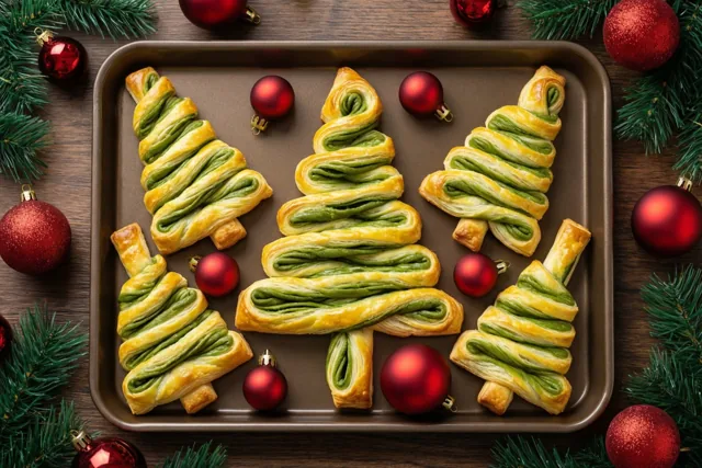 Vijf kerstboompjes van bladerdeeg met groene spiralen liggen op een bakplaat tussen rode kerstballen en dennentakken op een houten tafel.