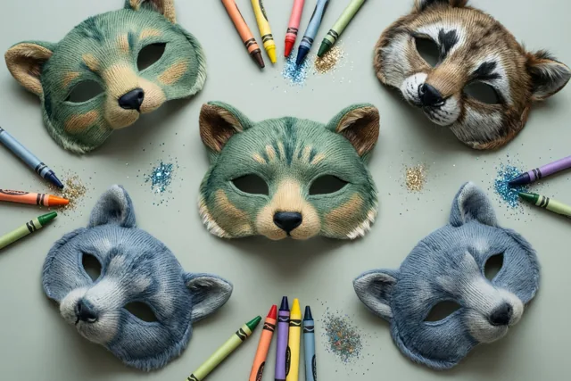 Vijf dierenmaskers in de vorm van vossen of wolven liggen in groene, bruine en blauwe tinten op een lichtgrijze ondergrond tussen waskrijtjes en glitters.