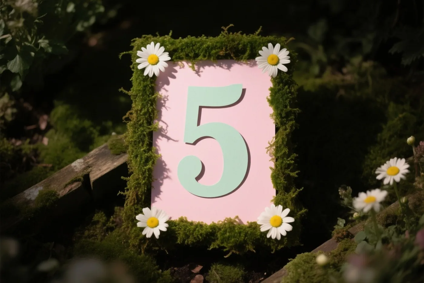 Een uitgeknipt cijfer 5 staat in een groene moslijst met madeliefjes in een landelijke tuin tegen een zachtroze achtergrond.