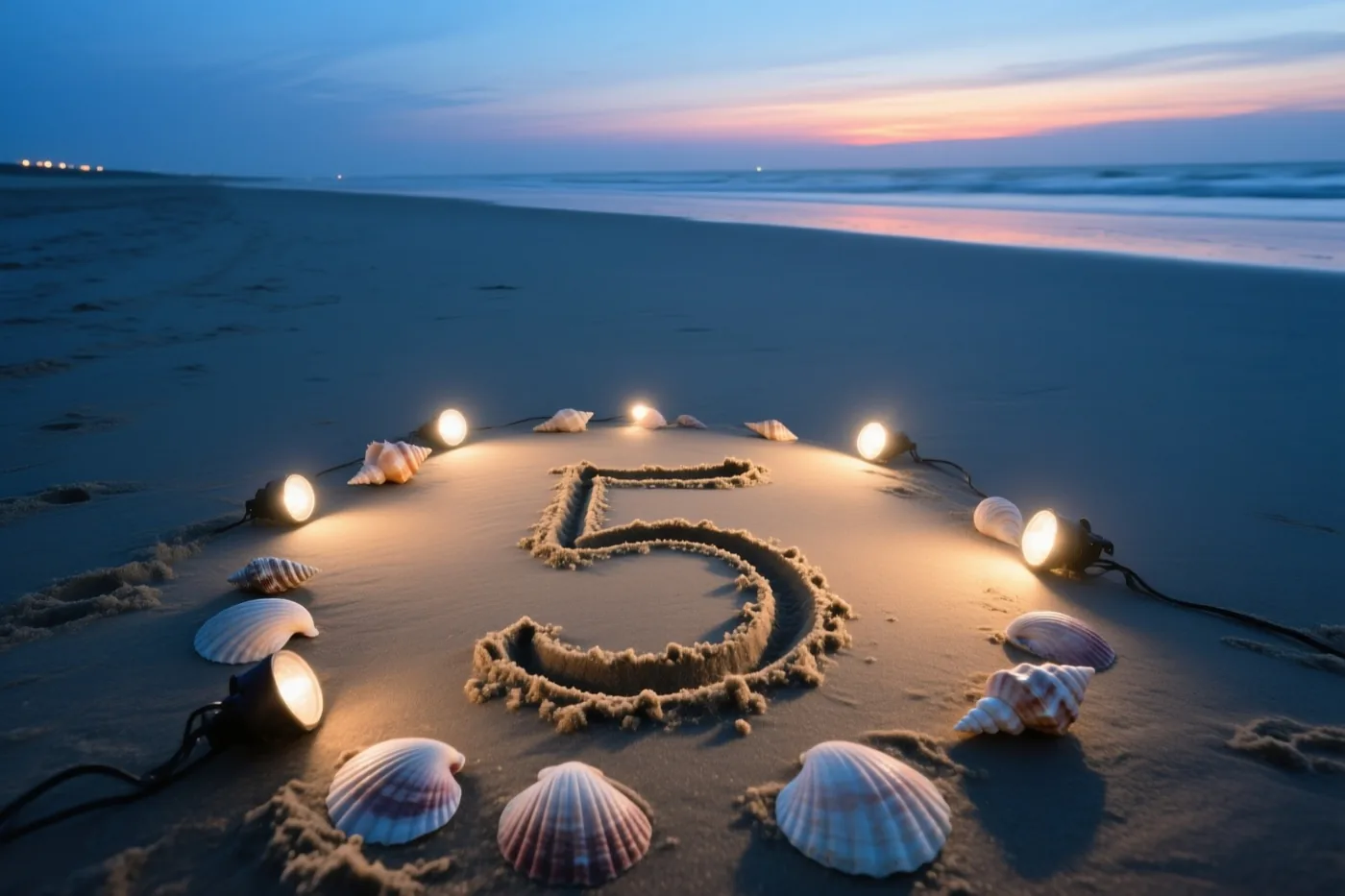 Het cijfer 5 is in het zand aan de Belgische kust getekend tussen schelpen en lichtslingers, met de zee en een schemerlucht op de achtergrond bij zonsondergang.