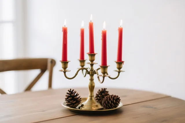Een messing kandelaar met vijf brandende rode kaarsen staat met drie dennenappels op een houten tafel, voor een witte muur met een houten stoel op de achtergrond.