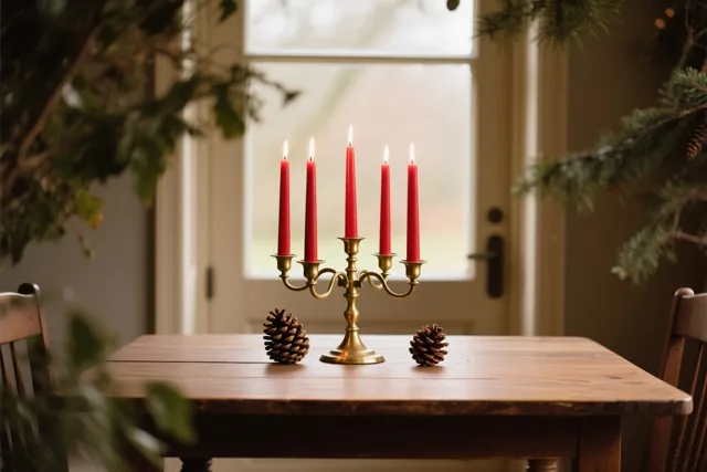 Een messing kandelaar met vijf brandende rode kaarsen staat tussen twee dennenappels op een houten tafel, met groen langs de beeldrand en een deur op de achtergrond.