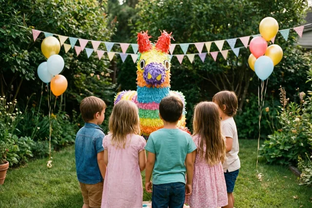 Vijf kinderen, van achteren gezien, staan rond een kleurrijke papieren piñata in de vorm van een lama in een tuin met pastelvlaggetjes en trosjes ballonnen.
