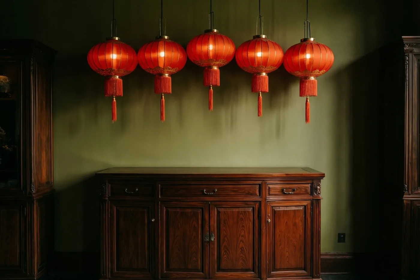 Vijf brandende rode lantaarns hangen op een rij boven een gepolijste donker houten wandtafel tegen een gedempt groene muur.
