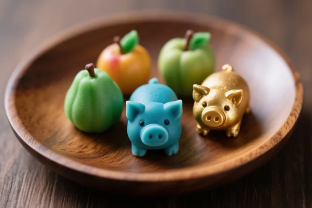 Vijf marsepeinfiguurtjes in de vorm van fruit en varkentjes liggen op een rond houten bord op een donker houten oppervlak, in warm licht.