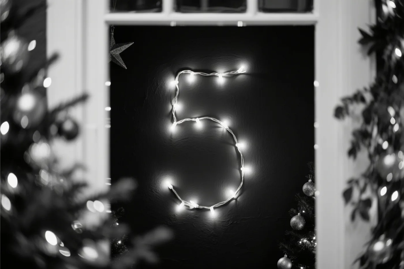 Een cijfer 5 van gloeiende lichtjes hangt aan een donkere muur, omlijst door onscherpe kerstboomtakken en lichtvlekken.