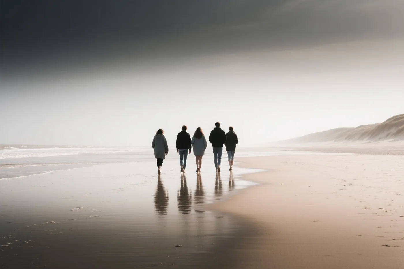 Vijf mensen lopen met hun rug naar de kijker over een nat zandstrand naar de horizon onder een indrukwekkende wolkenlucht.