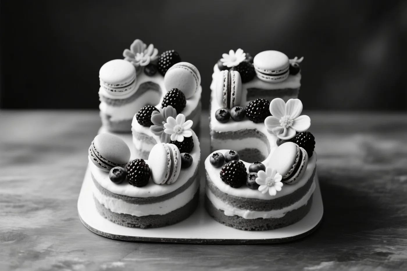 Een zwart-witfoto toont twee gelaagde cijfertaarten die samen 35 vormen, met macarons, bessen en eetbare bloemen op een wit bord tegen een donkere, wazige achtergrond.