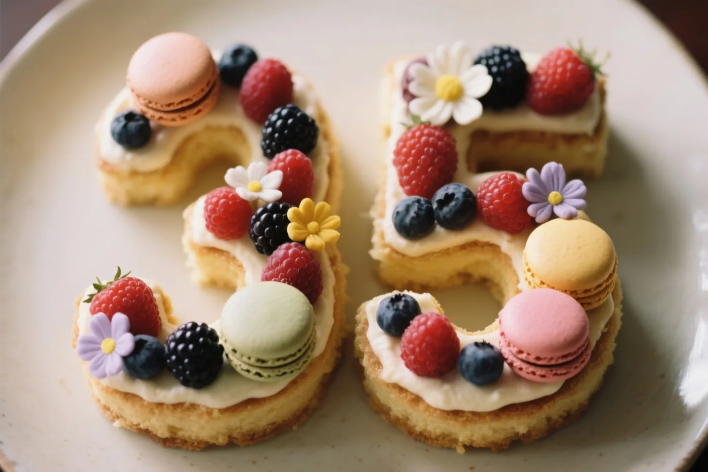 Een taart in de vorm van 35 met bessen, macarons en eetbare bloemen ligt op een wit bord in heldere pastelkleuren en felle tinten.