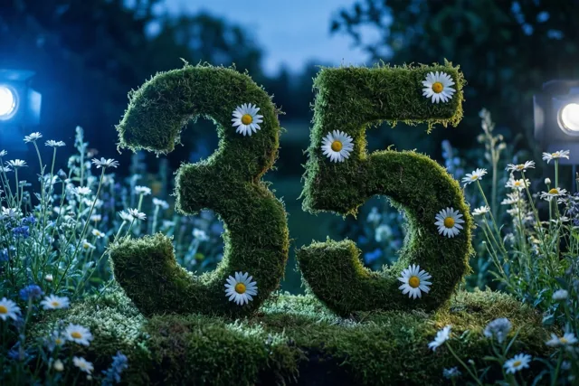 Het getal 35 van mos en madeliefjes staat bij schemering in een tuin, verlicht door spots in een blauwgroene omgeving.