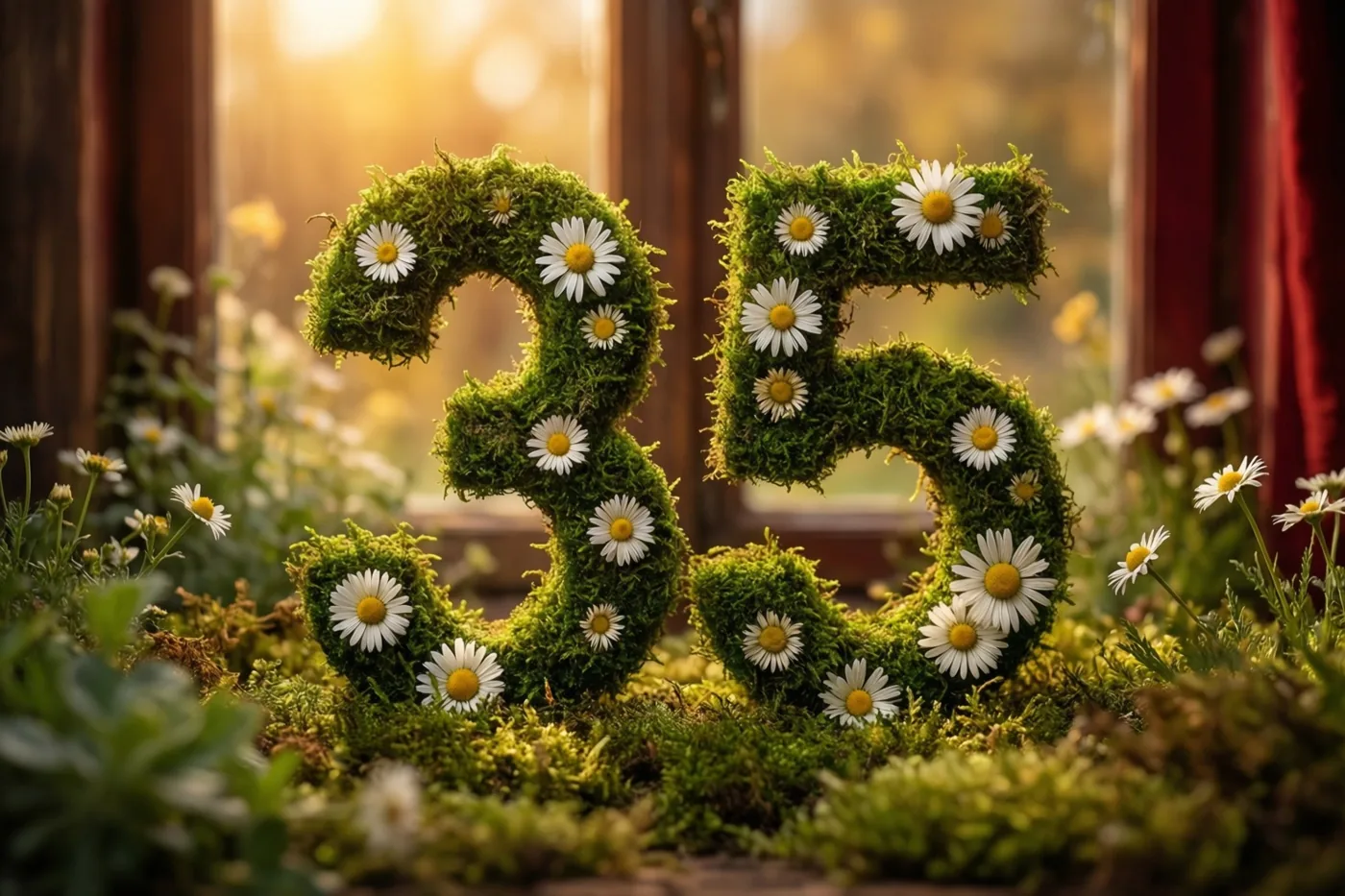 Een 35 van groen mos met witte madeliefjes staat in een rustieke tuin met een raam op de achtergrond en warm gouden zonlicht.