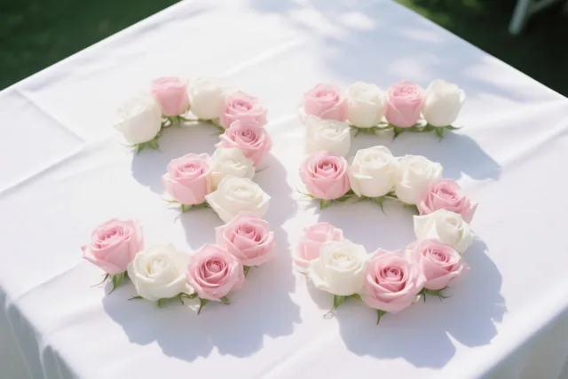 Roze en witte rozen vormen van bovenaf gezien het getal 35 op een wit tafelkleed, met zachte schaduwen van het zonlicht.