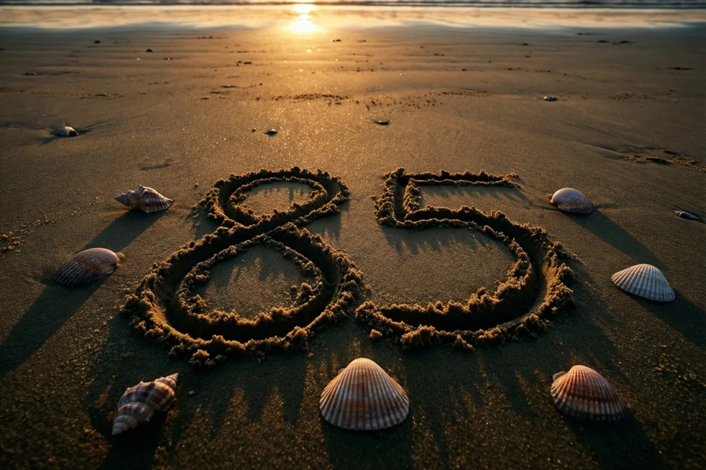 Het getal 85 staat in het strandzand tussen verspreide schelpen, met een kalme zee op de achtergrond bij een goudkleurige zonsondergang.