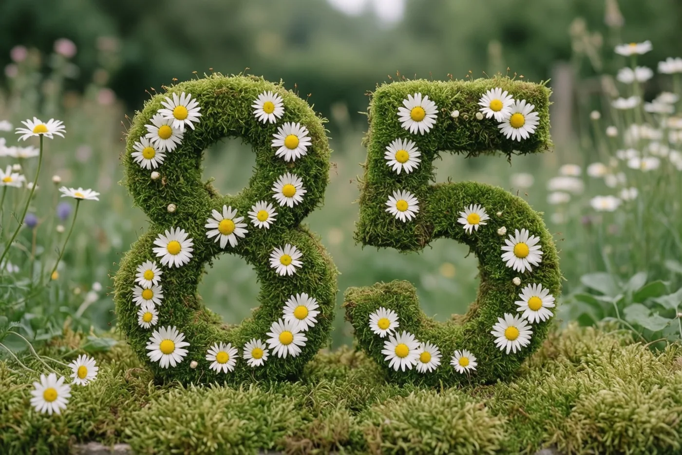 Een mossige groene haag vormt 85 en is versierd met witte madeliefjes, met onscherp tuingroen op de achtergrond.