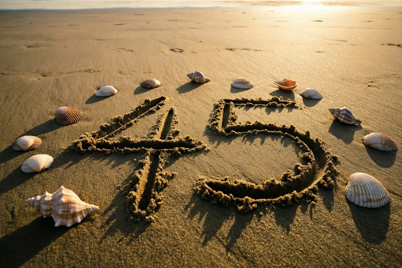 Het getal 45 staat in het zand op een strand met verspreide schelpen bij zonsondergang in warm goudkleurig licht.