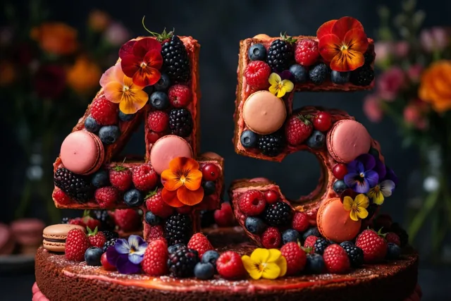 Een taart in de vorm van 45 is versierd met frambozen, bramen, blauwe bessen, macarons en eetbare bloemen tegen een donkere achtergrond met vage bloemvormen.