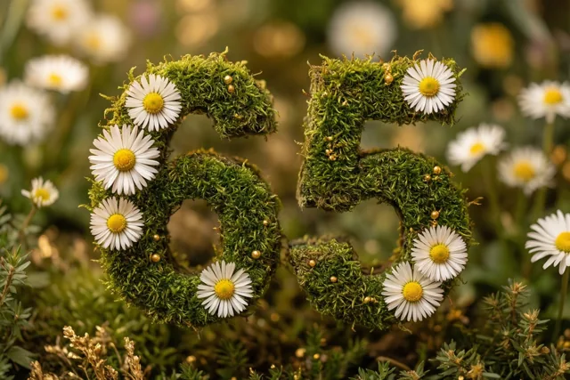 Het getal 65 is gemaakt van groen mos en versierd met witte madeliefjes, tegen een onscherpe tuinachtergrond.