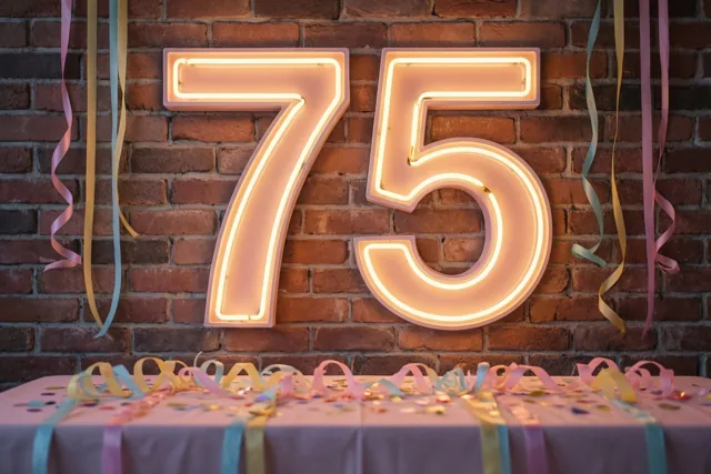 Een grote lichtgevende 75 in neon hangt aan een rode bakstenen muur boven een feesttafel met kleurrijke slingers en confetti.