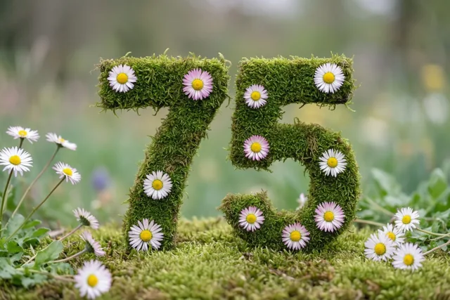Groen mos vormt 75 met witte en roze madeliefjes in een landelijke tuin tegen een wazige natuurlijke achtergrond.