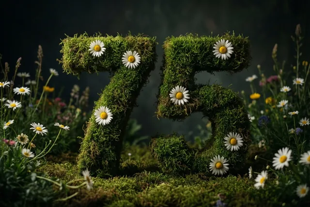 Het getal 75 is gevormd uit een groene, met mos begroeide haag en versierd met witte madeliefjes in een landelijke tuin tegen een donkere achtergrond.