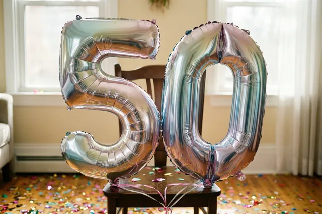 Zilveren en pastelkleurige cijferballonnen vormen 50 aan een houten stoel in een lichte kamer met confetti op de vloer en ramen op de achtergrond.