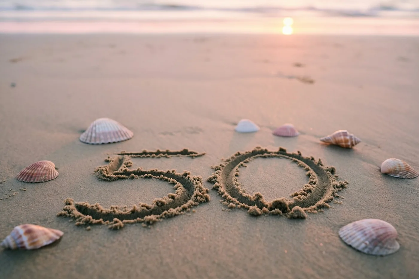 Het getal 50 staat in het zand tussen schelpen op een strand bij zonsondergang, onder een zachtroze en oranje lucht.