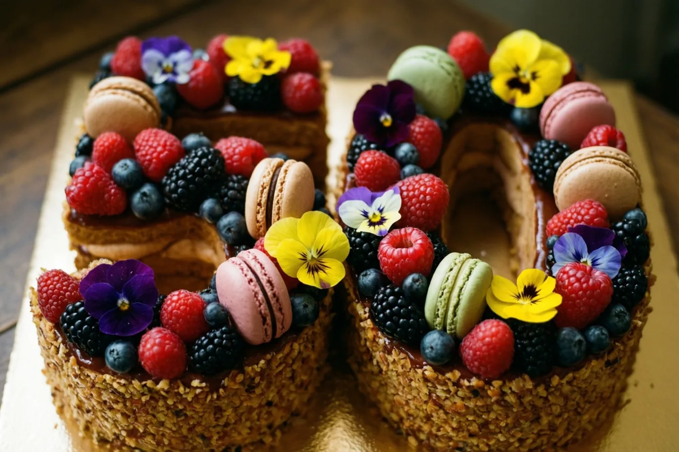 Een taart in de vorm van 50 met frambozen, bramen, blauwe bessen, macarons en eetbare bloemen staat op een goudkleurig oppervlak tegen een houten achtergrond.