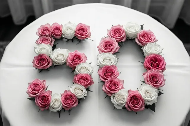 Roze en witte rozen vormen 50 op een wit tafelkleed, van bovenaf gezien in zacht licht.