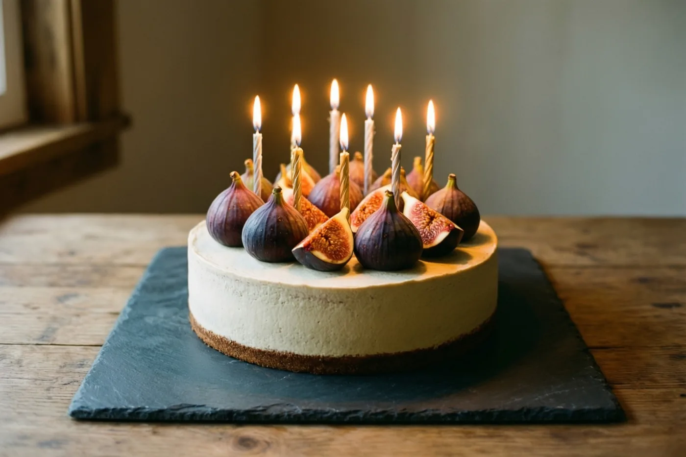 Een kaastaart met korst, hele en gesneden verse vijgen en brandende verjaardagskaarsjes staat op een donkere leisteen op een rustieke houten tafel in zacht warm licht.